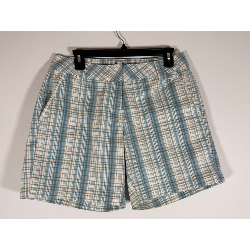 Oakley Golf Shorts Womens 8 Blue Plaid Performance Flat Front Pockets 541254